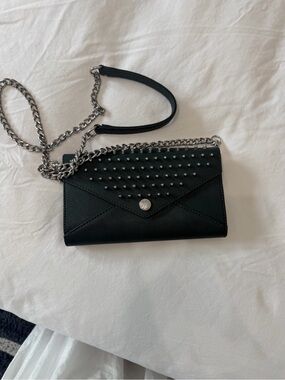 Black Studded Envelope Crossbody Wallet with Silver Chain